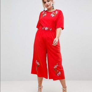 Red floral embroidered plus size jumpsuit